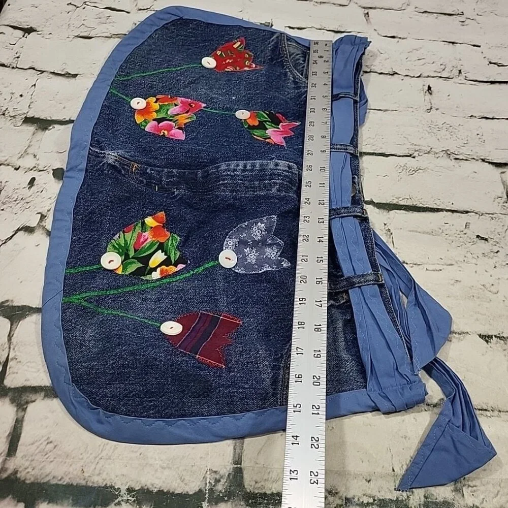 Handmade Denim Half‎ Apron Flower Patchwork Buttons Original By Barbara  VTG